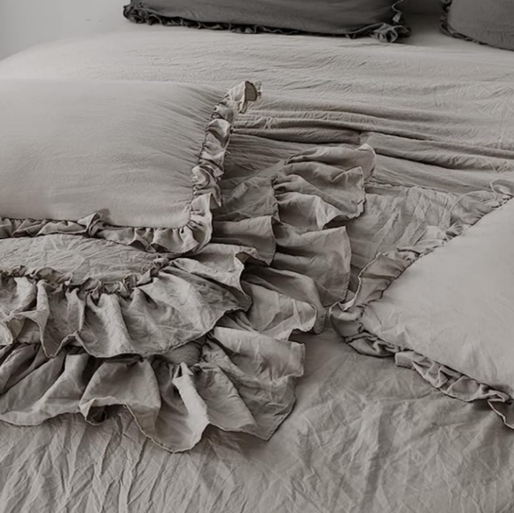 Queen Size Bed Comforter Set Gray Neutral Stone Washed Shabby Chic Ruffle Grey - Picture 4 of 11